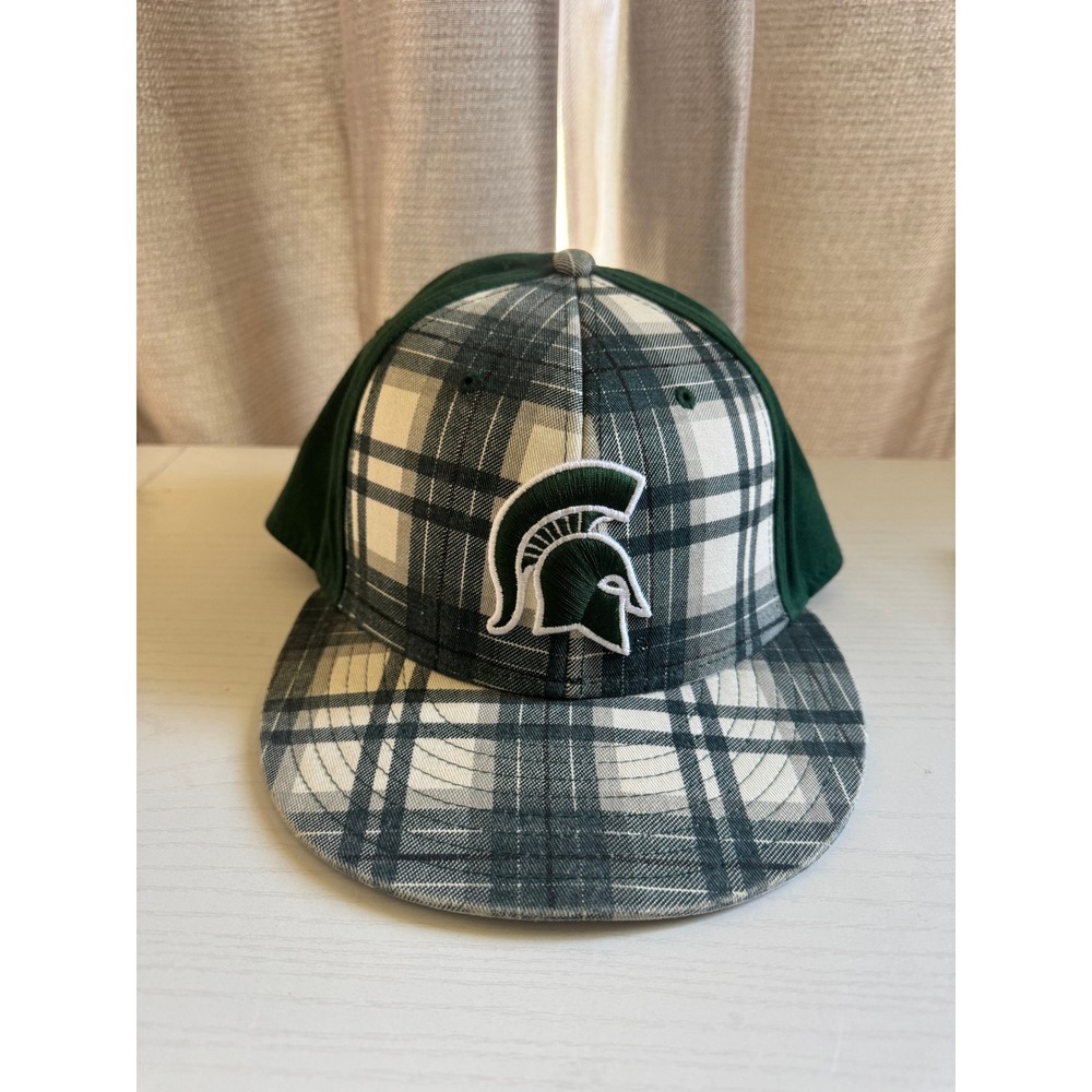 Michigan State Spartans NCAA Snapback Hat Green Plaid Spartan Helmet Logo Cap
